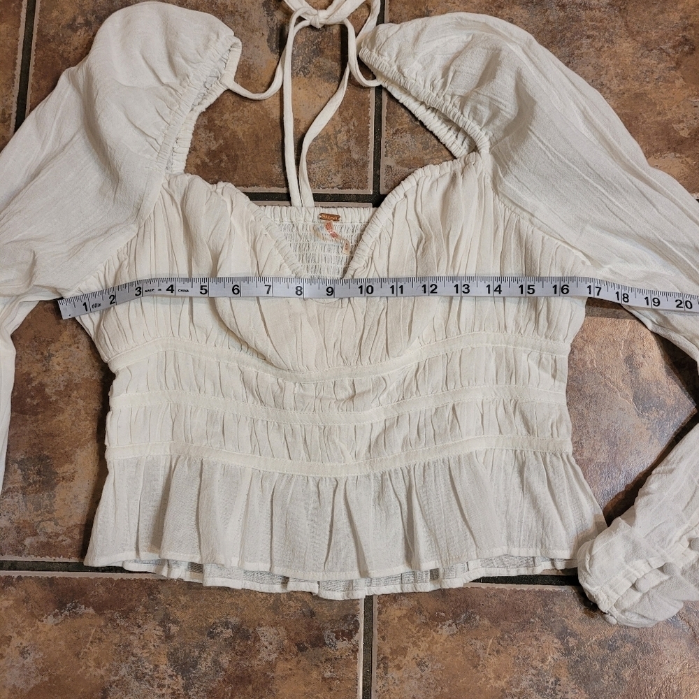 NWT Free People Chloe White Smocked Tie Neck Puff Sleeve Top M - Picture 13 of 16